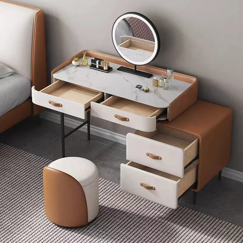 NOVA Light Luxury Smart Vanity Dresser Modern Apartment Bedroom Furniture Leather Finish Makeup Table With LED Mirror