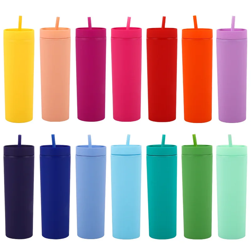 Flash Sale Candy Colors 16OZ Slim Straight Tumbler Mug Plastic Double Wall with Straw Lid