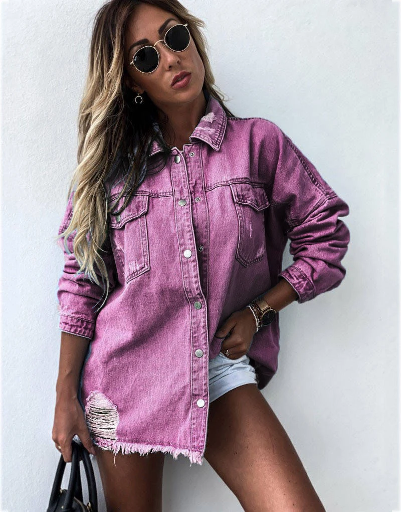 Women's Vintage Ripped Long Jean Jacket Coat Button Denim Jeans with Cotton Filling Breathable Solid Pattern details