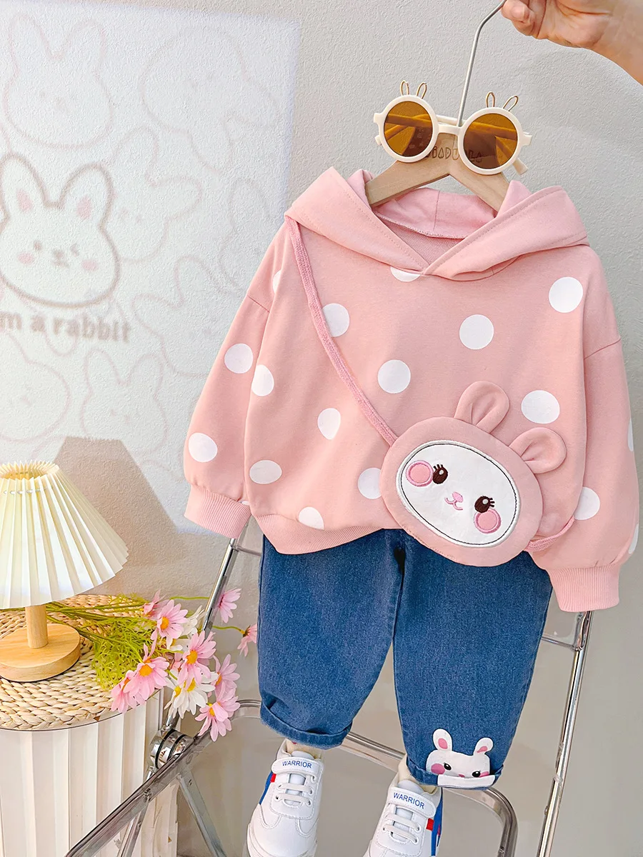 Autumn Girls' Hooded Top Jeans 2 Piece Fashion Children's Clothes Dot Rabbit Baby Clothing Sets