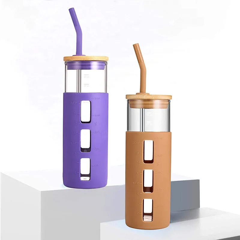 Glass water bottles with Lid and Straw tumbler Coffee Cup,Smoothie Cupsbamboo tumblers Through Silicone tumbler