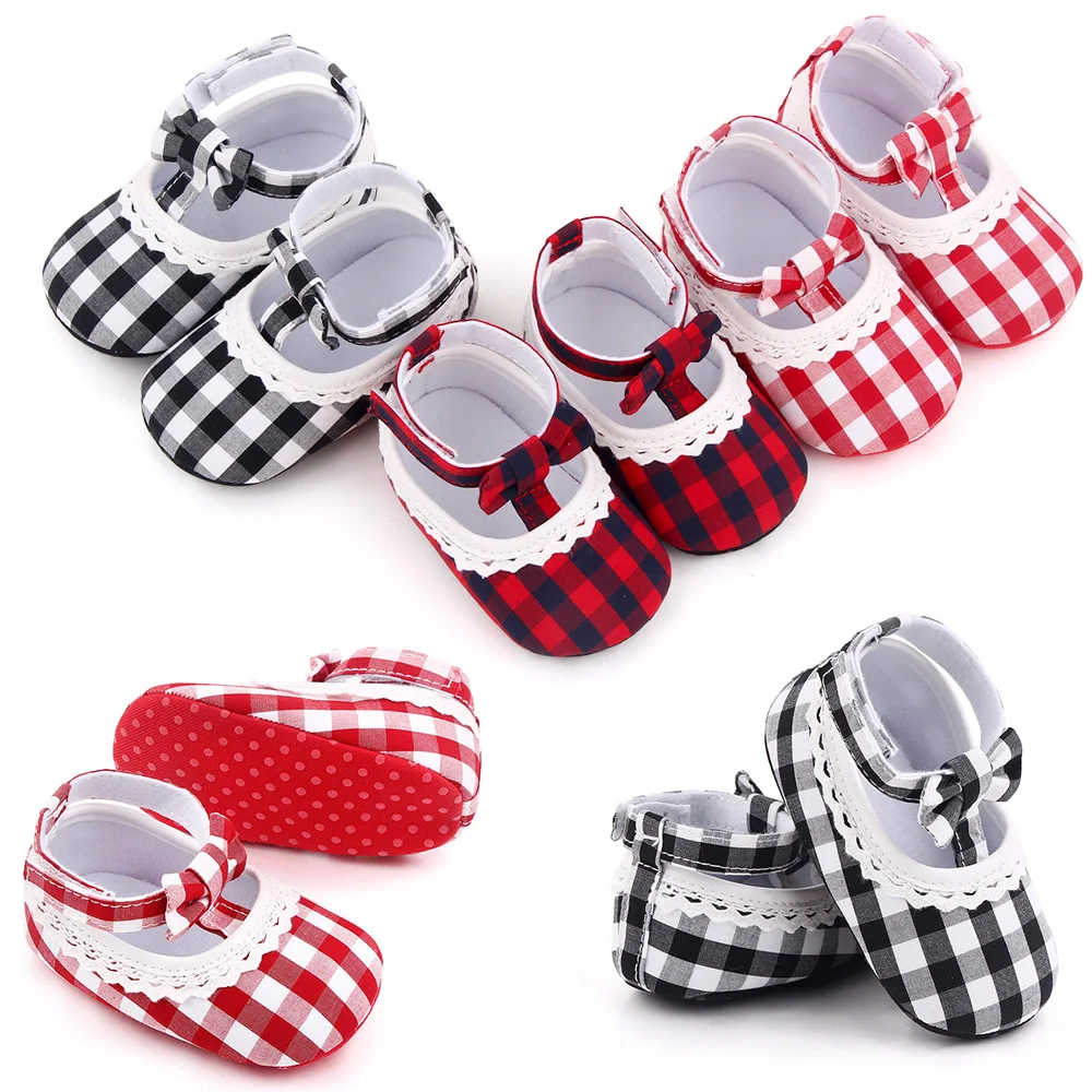 Color Matching Plaid Bow Wavy Lace Soft Soled Baby Girls Cute Princess Toddler Shoes details