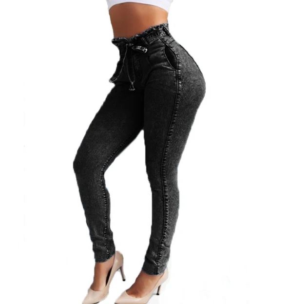 Women's High Waist Slim Stretch Denim Jeans Streetwear Bodycon Tassel Belt Bandage Skinny Push-up Style Button Hole Decoration factory