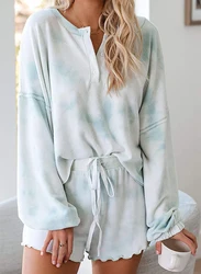 ECBC Custom Women Pajamas Tie Dye Print Long Sleeve Shirt Elastic Drawstring Shorts Pants PJ Set Sleepwear Loungewear