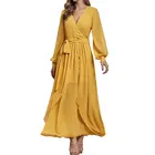 Fall Arrivals Chiffon V-neck Ruffle Long Dresses Women Maxi Casual Elegant Ladies Dress