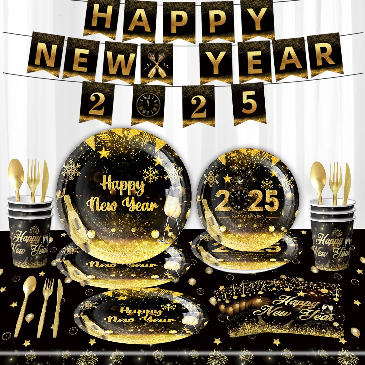 Black Gold Happy New Year Party Decoration Disposable Tableware Sets 2025 Party Holiday Supplies