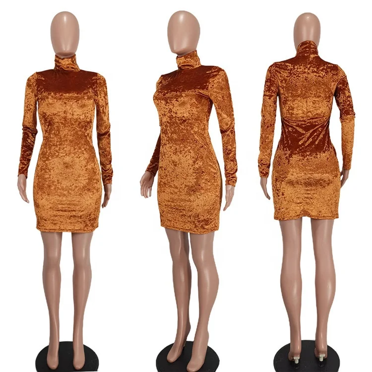 Autumn Turtleneck Mini Party Dress Autumn Long Sleeve Casual Elegant Velvet Dress For Women