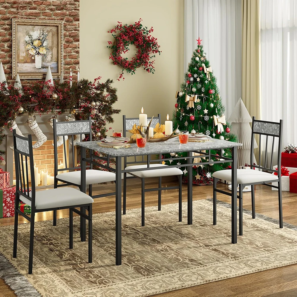 5-Piece Vintage Rectangular Dining Room Table Set 4 Faux Marble Kitchen Table Chairs Cushion Padded Seats Metal Wood Furniture factory