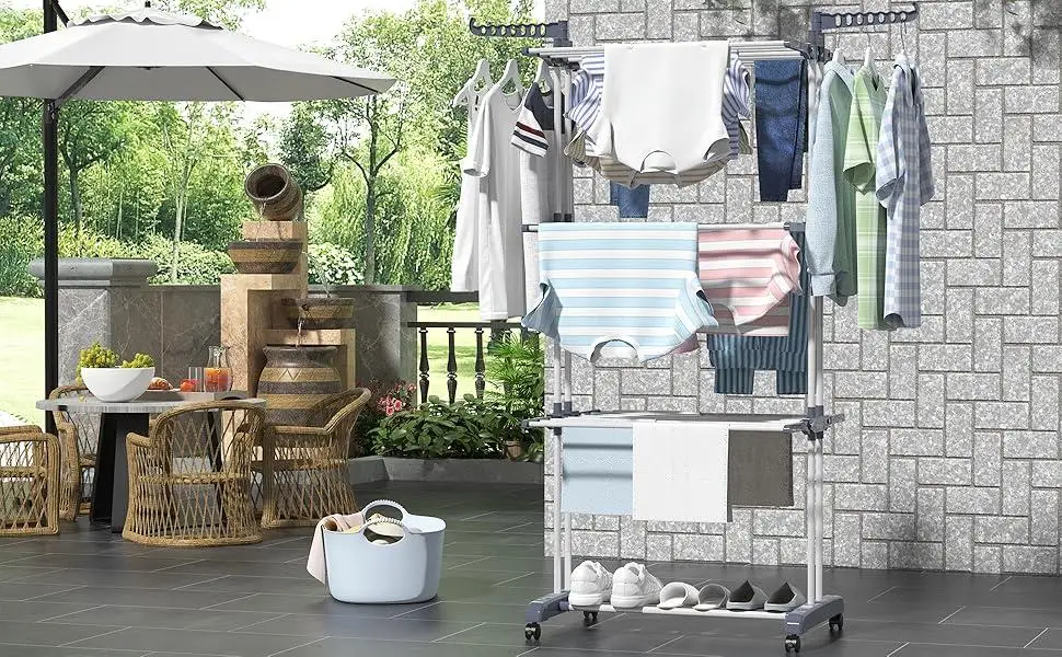 product 4 tier foldable large stainless steel sustainable modern clothing organizer garment laundry rack adjustable clothes drying-1