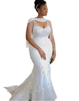 African mermaid bridal dress sleeveless fringed pearl wedding ceremony elegant dress wedding gowns