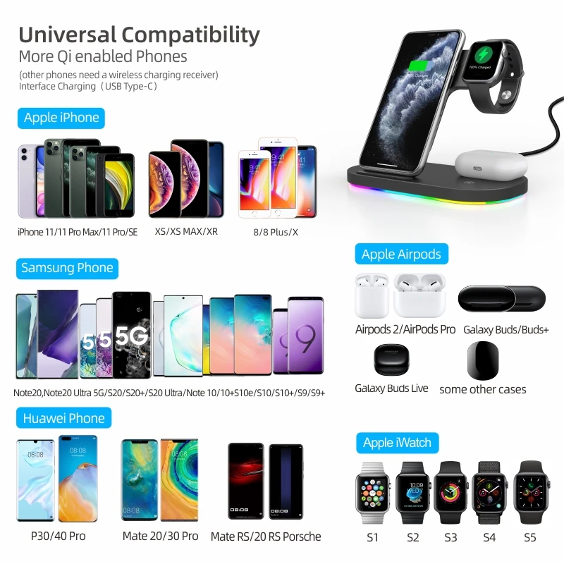 Portable 15w 10w Mobile Phone Wireless Charger Fast Charge 3 in 1 Stand for iPhone iWatch Airpods