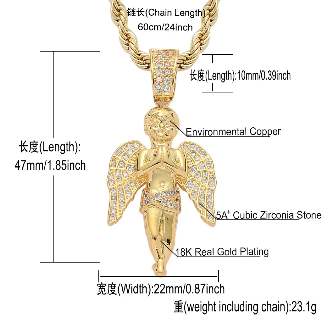 custom diamond jewelry,men women bling bling hip hop copper with zircon gold plated angel necklace pendants jewelry party gift