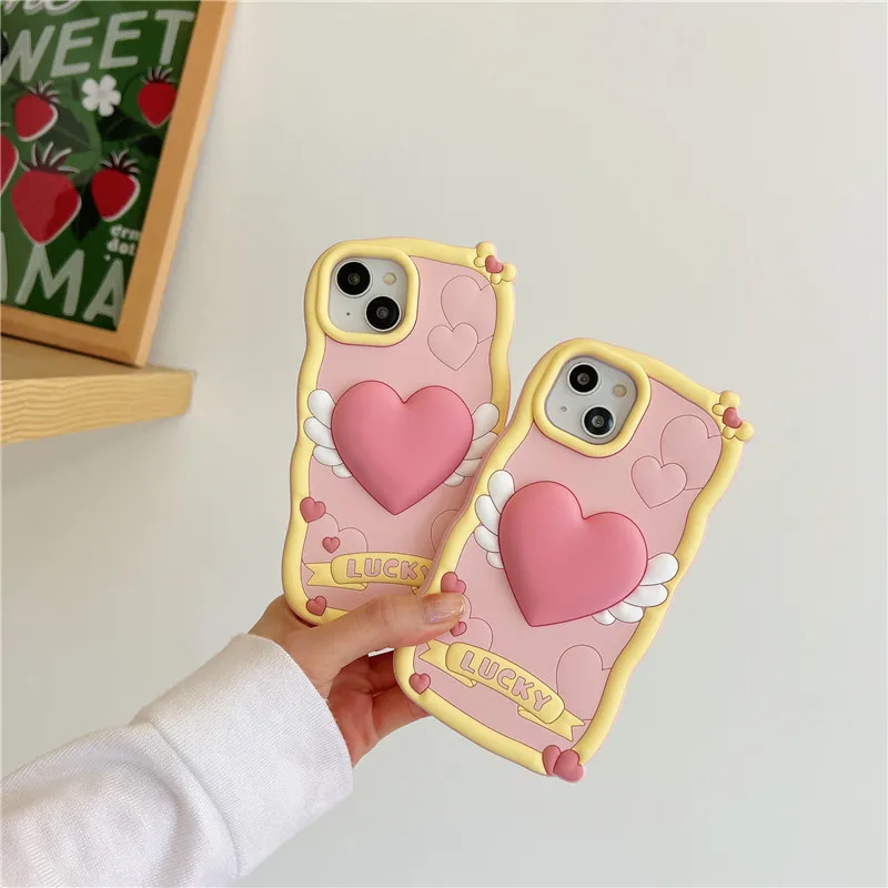 3D Lucky Love Wings Cream Shell Mobile Back Cover Silicone Cartoon Phone Case for Apple iPhone 15 14 13 12 pro max 11