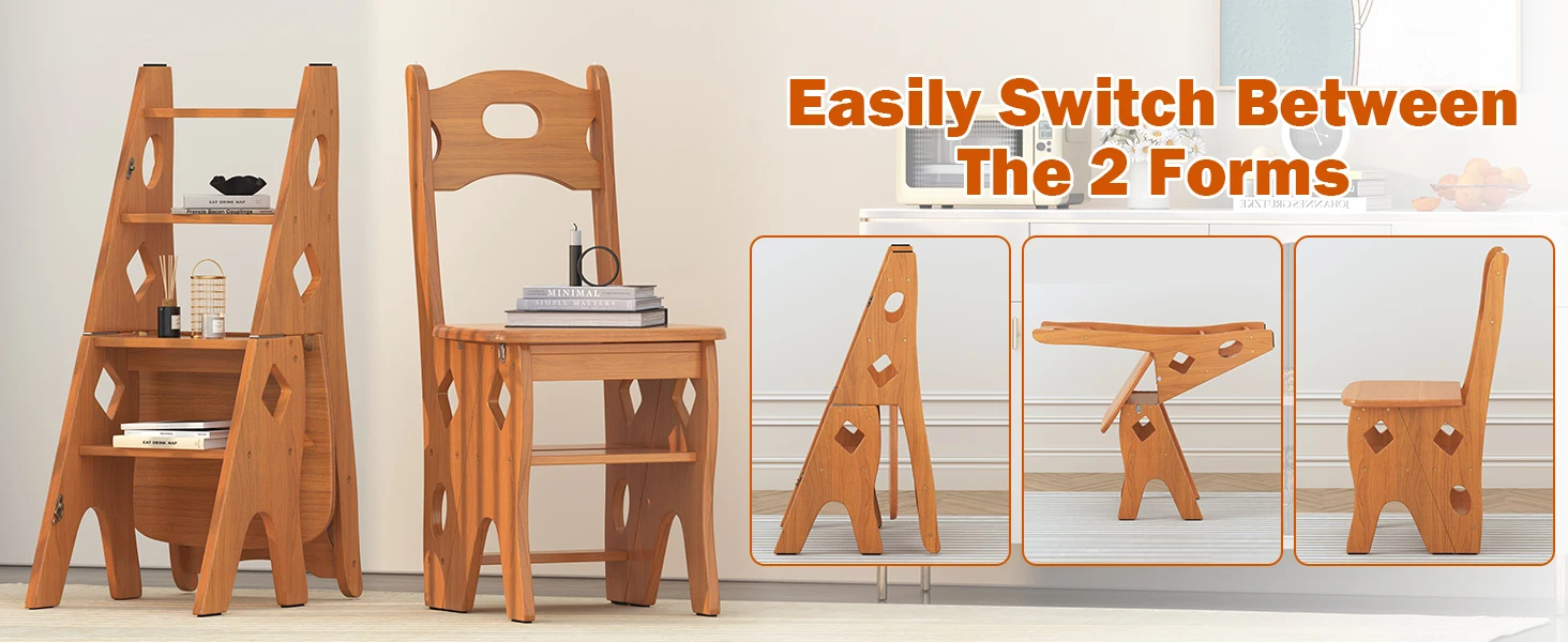 product portable foldable wooden stair chair living room furniture with library ladder display rack for bedroom storage decor-6