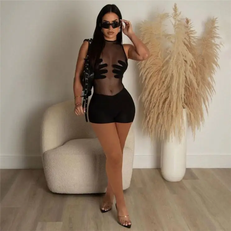 2023  New Sexy Jumpsuits Female Black Color See Through Mesh T-shirt Contrast Color Stitching Slim Bodysuit For Women