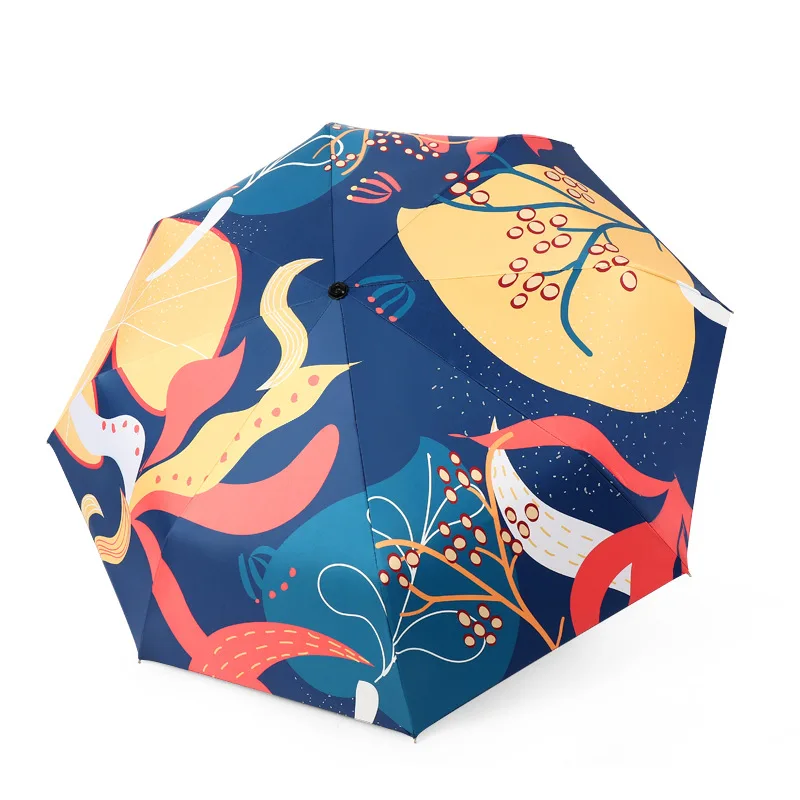 DD1286   Bright-coloured Full Printing Umbrellas UV Protection 5-Folding Compact Portable Vinyl Parasol Rainy Sun Umbrella