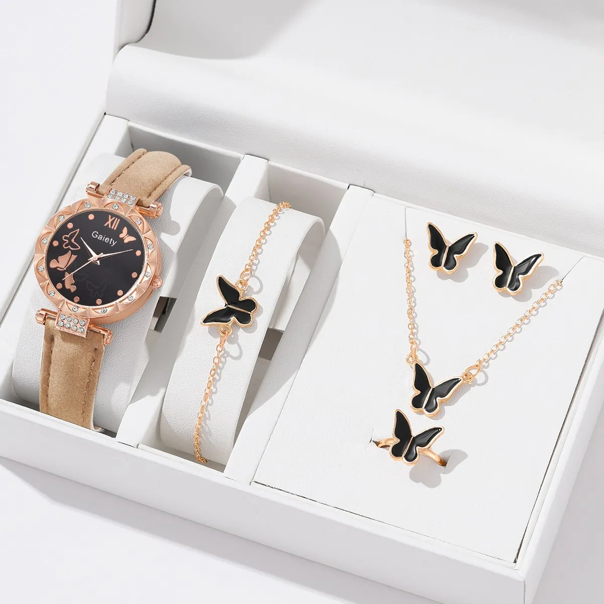 6pcs Luxury Watch Women Ring Necklace Earrings Bracelet Set Watches Butterfly Leather Strap Ladies Quartz WristWatch CD108