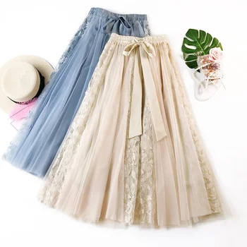 Fashion Style Midi Tutu Skirts for Ladies Lace Tulle Long Skirts With Bow Elastic Waist Casual Summer Mesh A Line Women Skirts