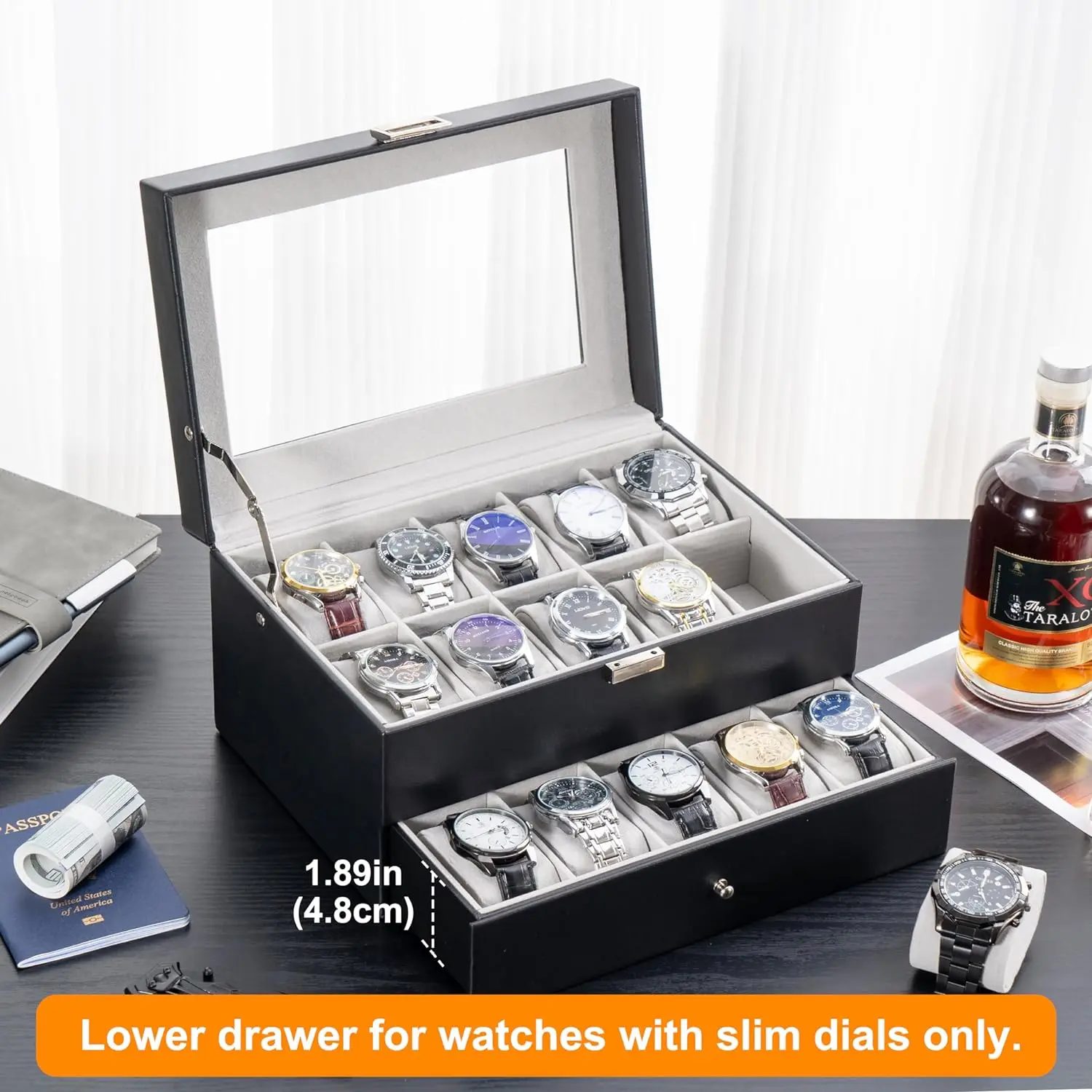 Custom 20 slot watch display case mens watch box organizer wrist watch display organizer storage box with glass lid