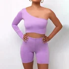 Long Cheap Sexy Night Club Solid 1 Shoulder Long Sleeve Crop Top And Biker Women Clothing Female Short Set