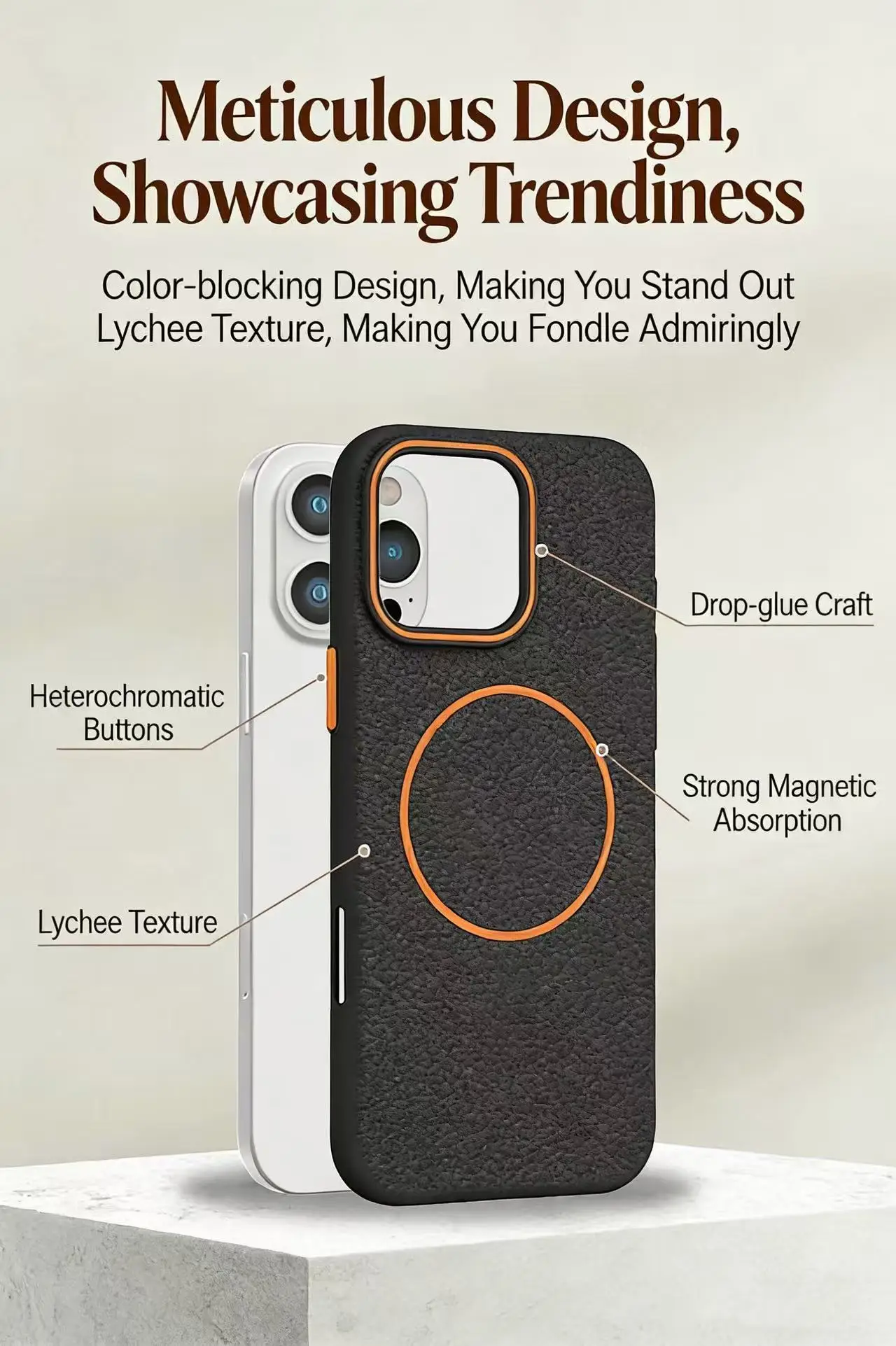 product laudtec new color fine magnetic litchi pattern tpu phone case with velvet lining full coverage suitable for iphone 16-6