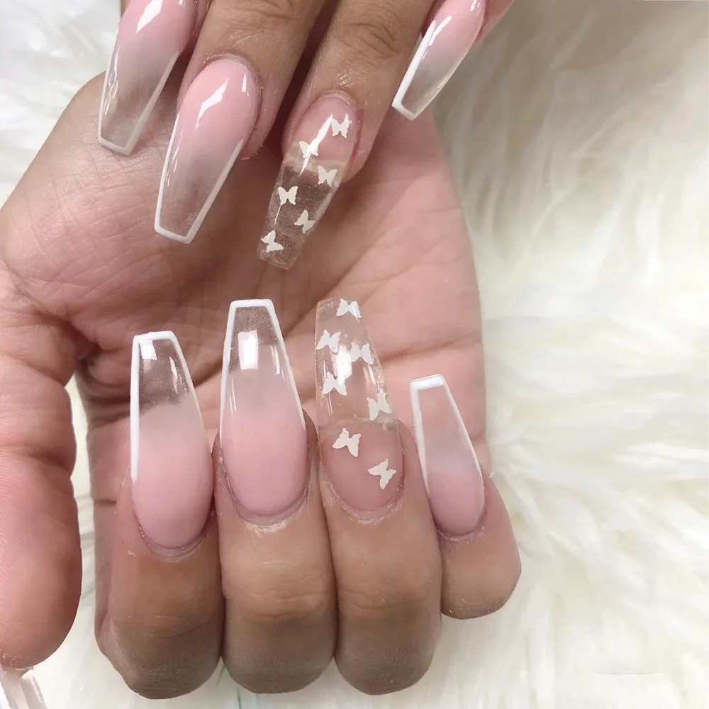 Long French Pink Gradient White Butterfly Stick Press On Nails Private  Label False Nails Full Cover Artificial Nail Art Tips - Buy Long French Pink  Gradient White Butterfly Stick Press On Nails