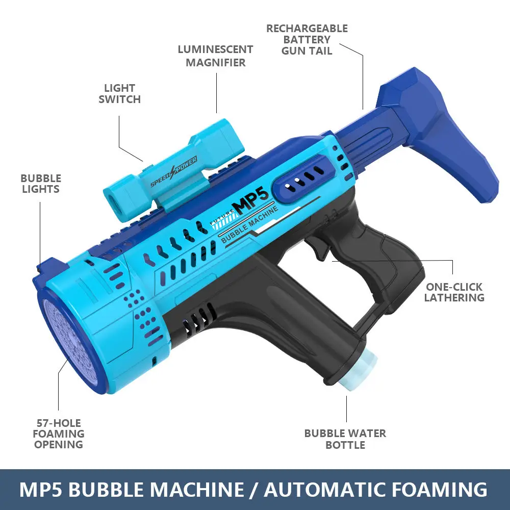 57 Holes Electric Mp5 Bubble Machine Automatic Spray Bubbles Launcher Rechargeable Bubble Guns With Liquid