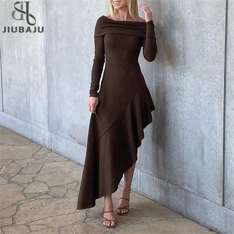 Vintage Brown Knit Dress Off Shoulder Ruffle Sexy Long Dresses Elegant Outfits for Women Clothes Long Sleeve Maxi Dress