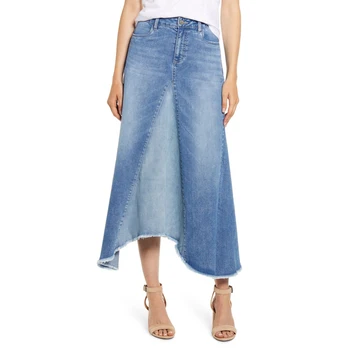 Denim Midi Skirt frayed hem women cotton custom long casual skirt