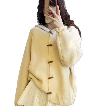 Korean Retro Horn Button for Women High-Grade Slim Top for Winter Light Luxury Top from ODM Supply Hooded Cardigan Coat