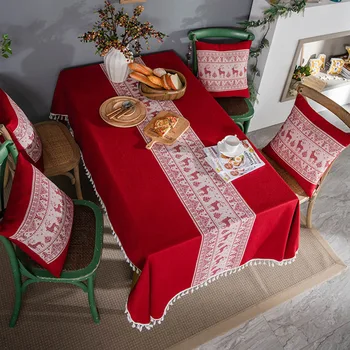 2021 Hot Selling Red Christmas Elk Tablecloth Linen Polyester Table Clothes, Seasonal Tablecloth Rectangle Waterproof