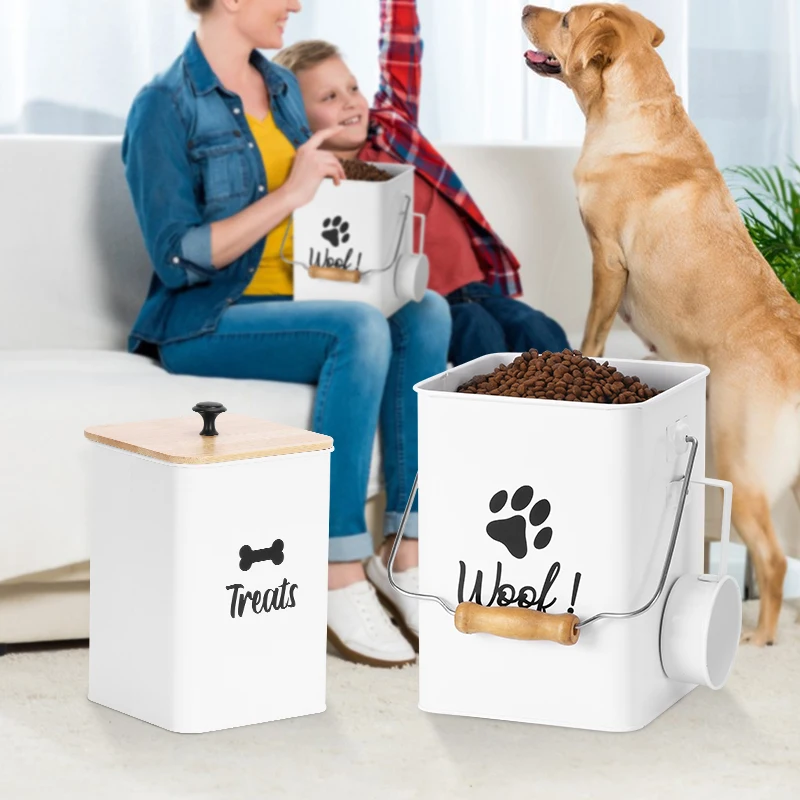 New Arrival Metal Set of Two Pet Food Storage Container Set with Wooden Lid