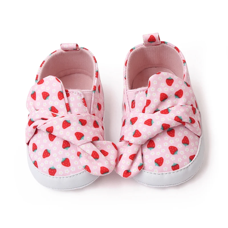 New Bow Striped Strawberry Print Soft Soled Spring and Autumn Toddler Shoes for Baby Girls details