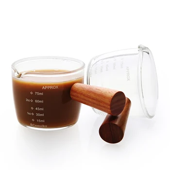 BCnmviku Double Spouts Measuring Triple Pitcher Milk Cup Espresso Shot Glass With Scale Espresso Measuring Cups With Wood Handle