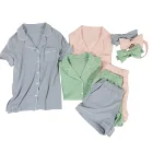 Sleepwear Cotton Solid Color V Neck Soft Knitted 2 Pieces Short Sleeve Sleepwear Ladies Cotton Pajamas