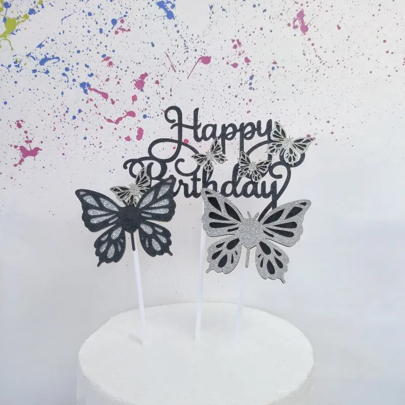 Shiny paper double butterfly Happy Birthday cake decoration party dessert table baking cake topper