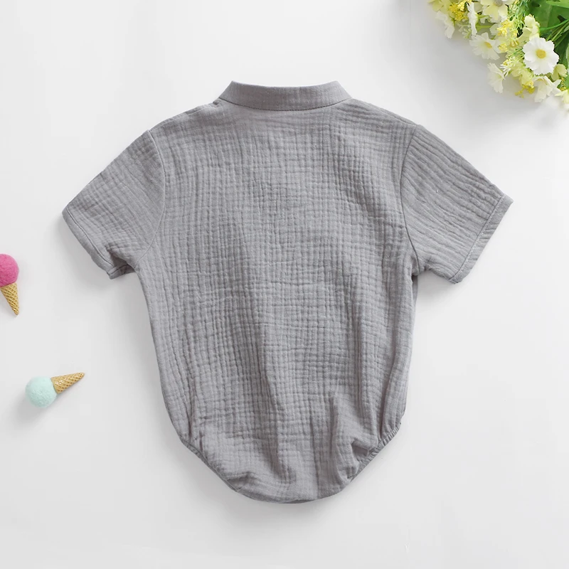 New Design Summer Baby Toddler Clothes Plain Short Sleeve Muslin Fabric Baby Boy Clothes Baby Romper with Button