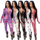 Pajamas Adult Sleepwear Pajamas 2021 New Women Zipper V-neck Printed Pajamas Sets Adult Sexy Elastic Onesie Sleepwear