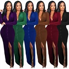 BAZAI Latest Design Fall 2021 Women Clothes Sexy Dress Club Deep V Slim Maxi Button Dress Robe Femme