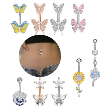 Set 10 316L Steel Butterfly Flower Snake Dangle Belly Button Rings Zircon Navel Body Piercing Jewelry Stainless Steel Main