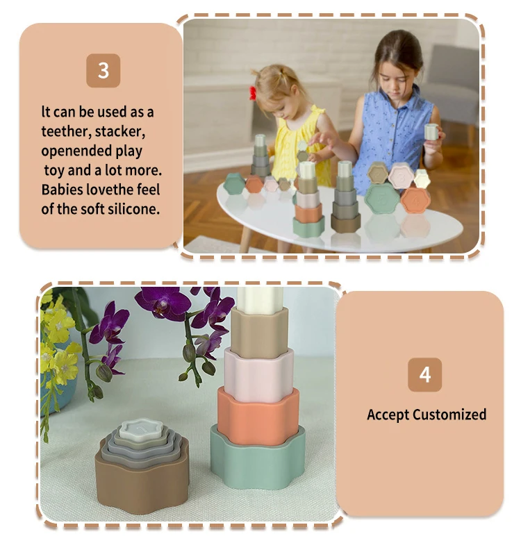 Silicone Flower Baby Toddler Stacking Blocks Tower Cups Toys Juguetes