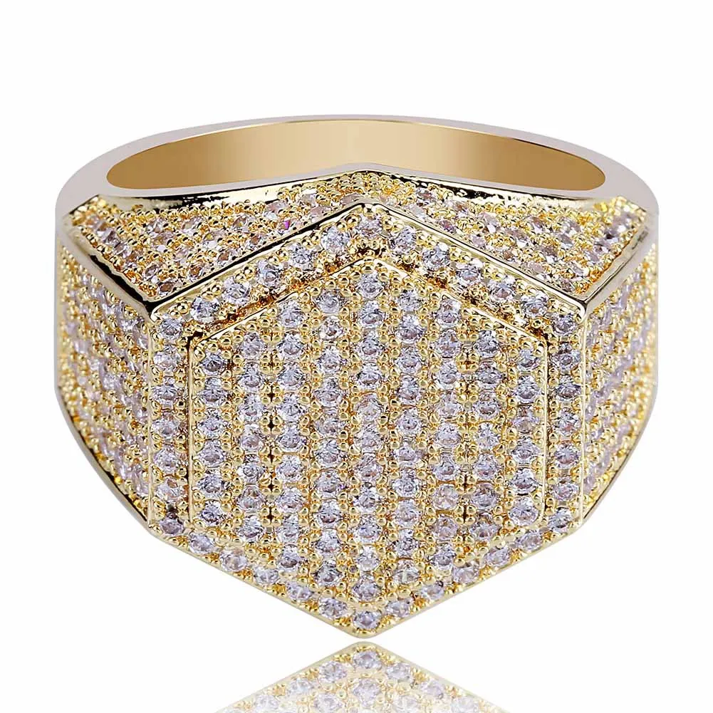 Diamond Hip hop gold diamond ring for men Fashion Hexagon Ring GoldColor Plated Iced Out Micro Pave Cubic Zircon Charm Ring