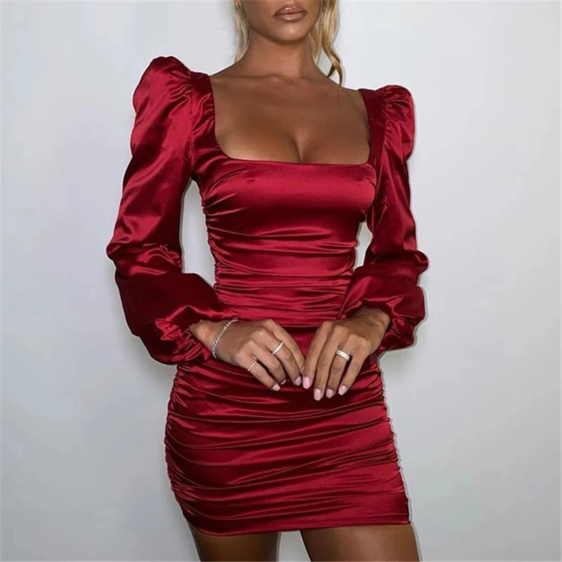 Satin Puff-sleeve Ruched Dress 