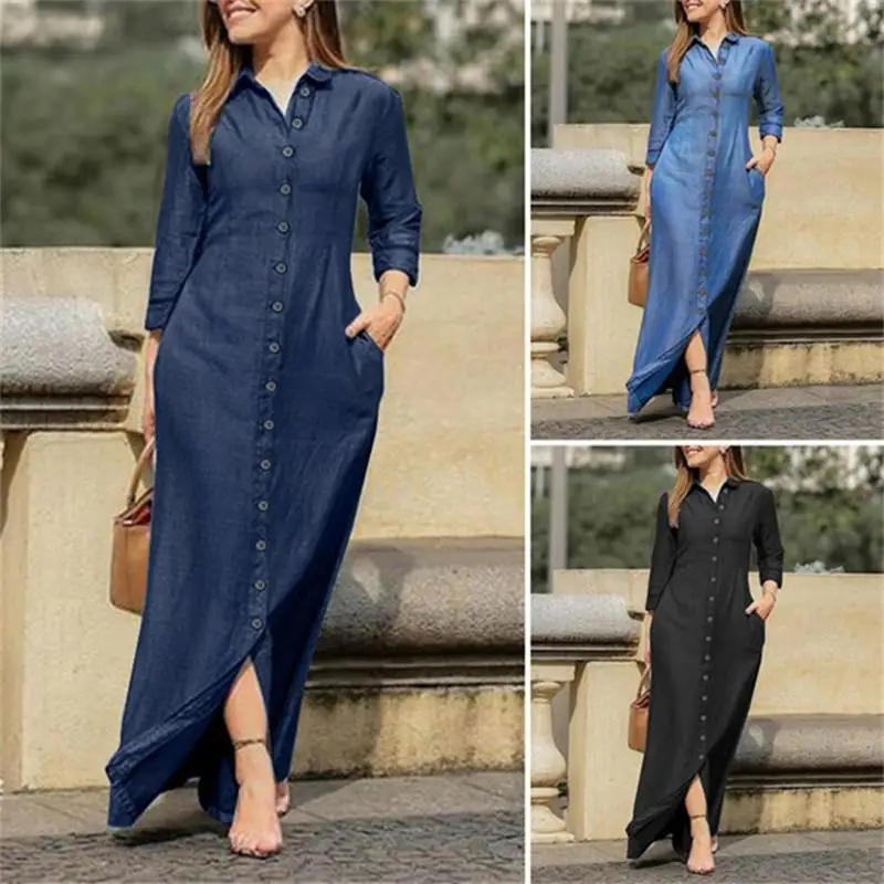Woman Plus Size Autumn New Casual Long Denim Dress Women's Fashion Solid New Lapel Pocket Button Shirt Dresses details