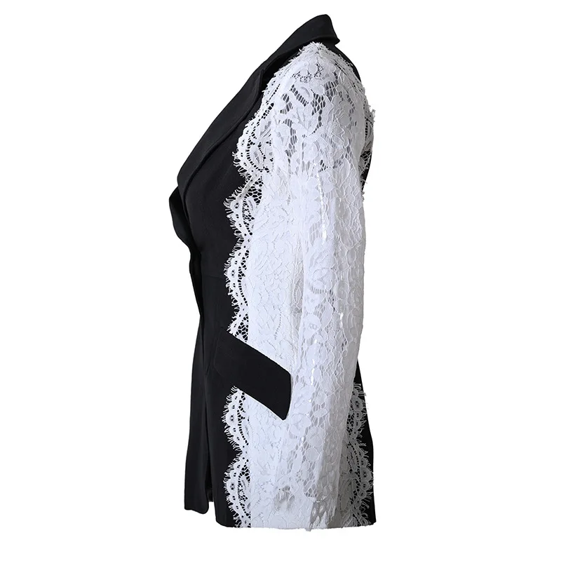 A7069 Newest Women Clothes Contrast Black and White Blazers Lace Long Sleeve Women Jacket