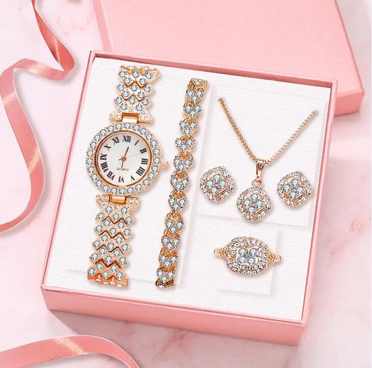 6Pcs Fashion and Luxury Diamond Watch Bracelet Earring Necklace Ring Watch Set Men's and Women's Best Christmas Gifts