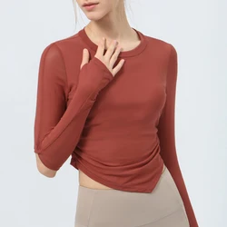 custom-made OEM logo women's long sleeve bra loose fit Fashion hem mesh splicing yoga tops sports T shirts directly from factory