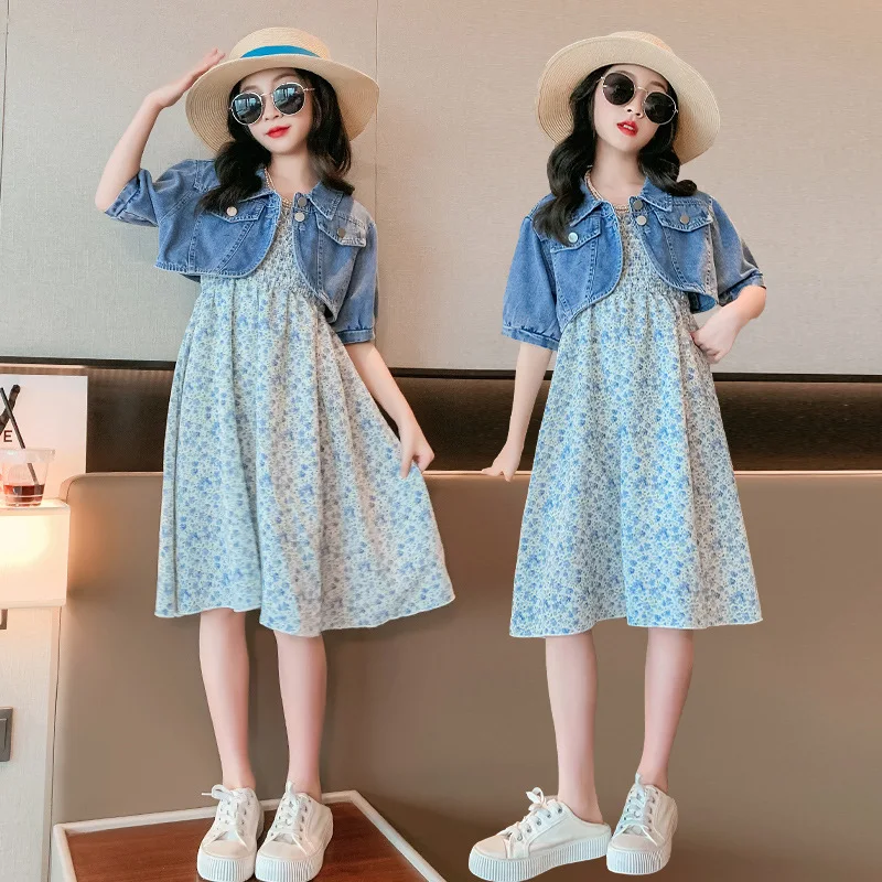 2023 Summer Teenagers Girl Dress suit 2 pcs Fashion Outfit Set Denim Jacket Sleeveless Ruffle Floral Print Dress