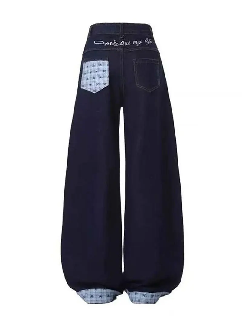 Design Bowknot Plaid Patchwork Denim Jeans for Women Spring Season Plus Size Loose Wide-leg Pants supplier