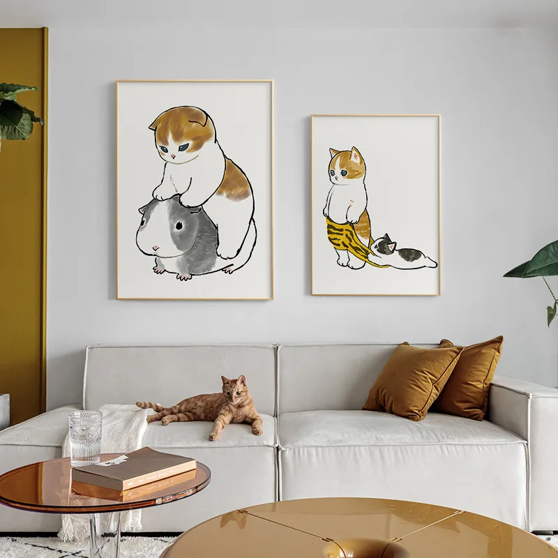 Funny Cat Bathroom Wall Art Canvas Print Orange Tabby Cat Using Phone Toilet Cute Humorous Minimalist Neutral Home Decor